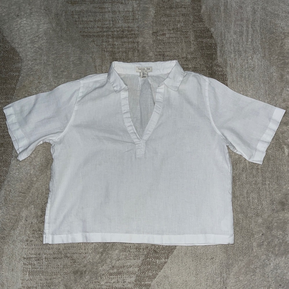 Rachel Zoe White 100% Linen Short Sleeve V-Neck Collared Blouse Top Large